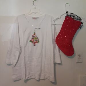 Quaker Factory Party Girls Womens 3X T Shirt With Stocking Present Tree White